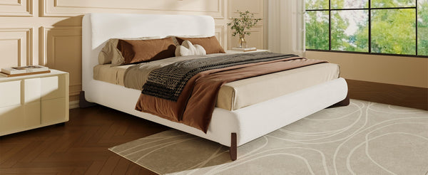 English Elm Elegant Boucle Platform Bed with Wood Legs Textured Upholstery King Bedroom N769K333730B