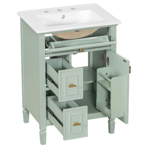 English Elm 24-Inch Bathroom Vanity with Sink, Solid Wood & MDF, Ceramic Top, Gold Handles, Flip Drawer Design Green N725P350824F