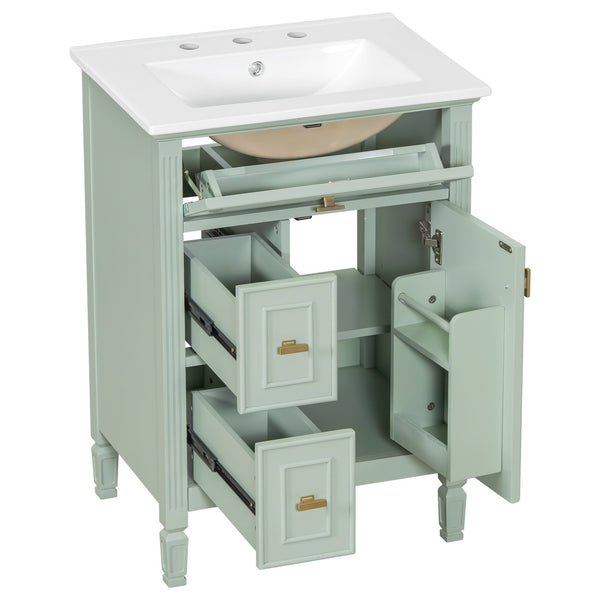 English Elm 24-Inch Bathroom Vanity with Sink, Solid Wood & MDF, Ceramic Top, Gold Handles, Flip Drawer Design Green N725P350824F