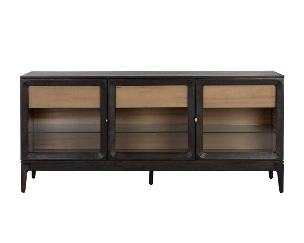 Sunpan Cecilia Sideboard - Elegant Mid-Century Design with Glass Doors, Smoke Grey Acacia & Brass Handles