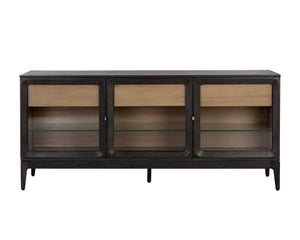 Sunpan Cecilia Sideboard - Elegant Mid-Century Design with Glass Doors, Smoke Grey Acacia & Brass Handles