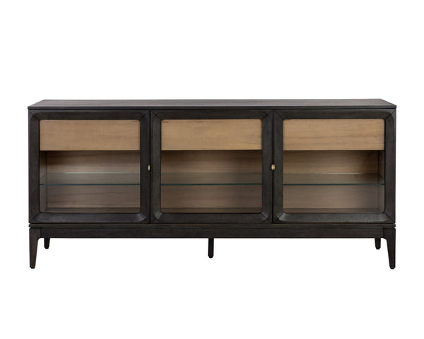Sunpan Cecilia Sideboard - Elegant Mid-Century Design with Glass Doors, Smoke Grey Acacia & Brass Handles
