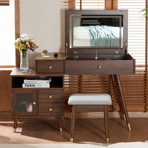 English Elm 3-in-1 Vanity Desk with LED Flip Mirror, Compact Makeup/Dressing Table with Storage Drawers & Stool Walnut N844P291656W