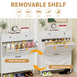 English Elm Shoe Cabinet Slim Steel Entryway Organizer with Flip Compartments and Retro White Finish T2398P413025