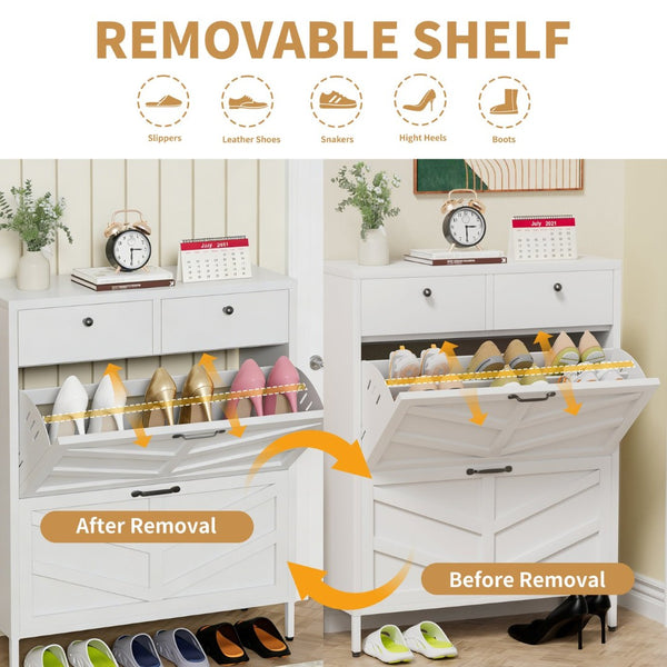 English Elm Shoe Cabinet Slim Steel Entryway Organizer with Flip Compartments and Retro White Finish T2398P413025