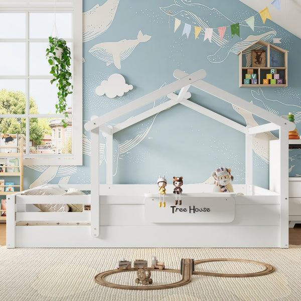 English Elm Queen House Shaped Kids Floor Bed Pine Wood Frame with Guardrails and Personalized Headboard Light White W1580P396334