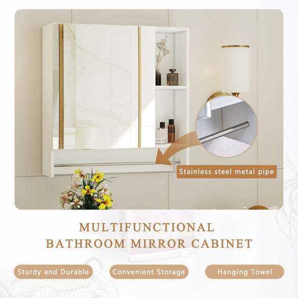 English Elm Bathroom Mirror Cabinet Wall Mounted with HD Mirror, 4 Compartments, Towel Rack, Moisture-Resistant Storage White W2984P228640
