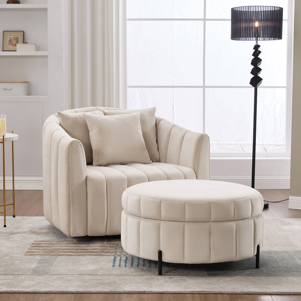 English Elm 40.35"W Oversized 360° Swivel Barrel Chair & Ottoman Set - Velvet Pumpkin Club Chair With 3 Pillows W3118S00009
