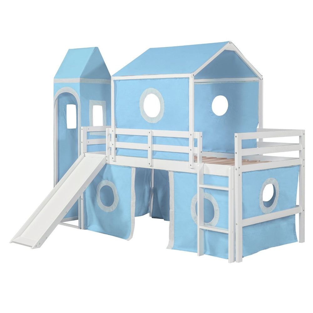 English Elm Twin Castle Loft Bed with Slide Tent and Tower Pinewood Playhouse Frame for Kids N708P249475C