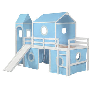 English Elm Twin Castle Loft Bed with Slide Tent and Tower Pinewood Playhouse Frame for Kids N708P249475C