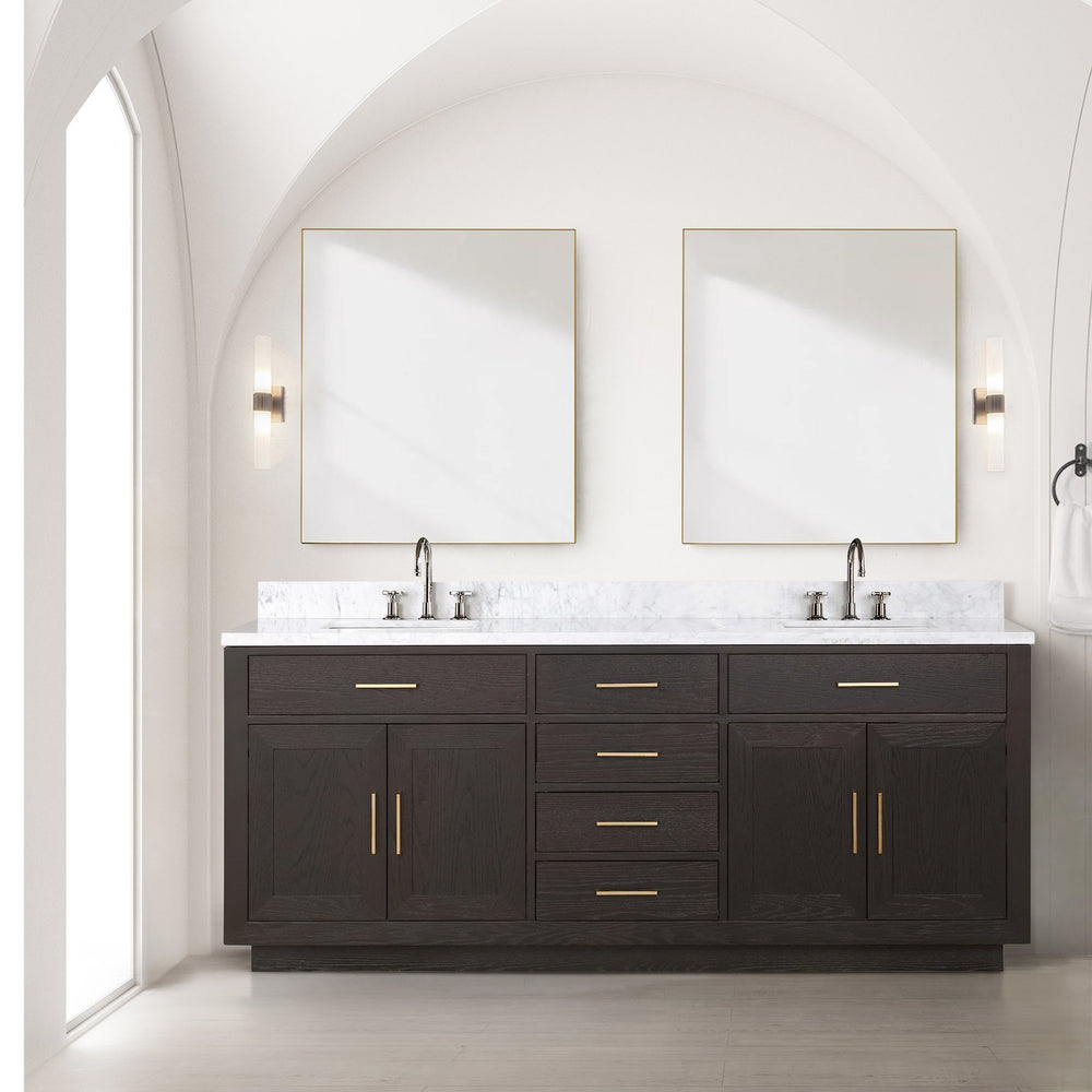 English Elm Brown Oak 80in Double Bath Vanity with Carrara Marble Top, Soft-Close Drawers & Chrome Faucets B2731P257812