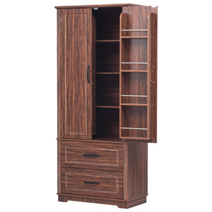 English Elm K&K 71" Farmhouse Pantry Cabinet with Embossed Texture, 2 Drawers, 8 Door Racks, Adjustable Shelves, Anti-Tip Stability Brown N707P254905Z