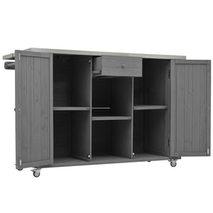English Elm Outdoor Kitchen Island Solid Fir Wood with Foldable Stainless Top, Ample Storage, Wheels, Opener Grey N719P246553R