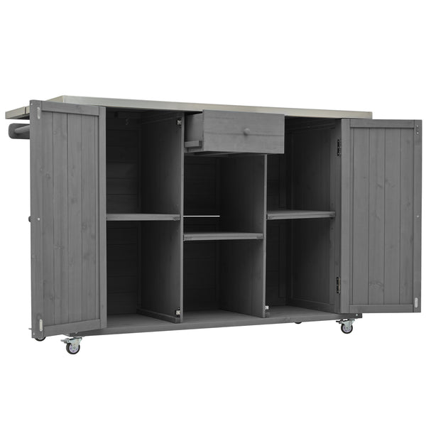 English Elm Outdoor Kitchen Island Solid Fir Wood with Foldable Stainless Top, Ample Storage, Wheels, Opener Grey N719P246553R