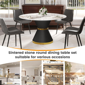 English Elm 53.15"Modern Round Dining Table With Sintered Stone Top - Seats 6, Stylish Black Steel Base, Durable Design W1535S00437