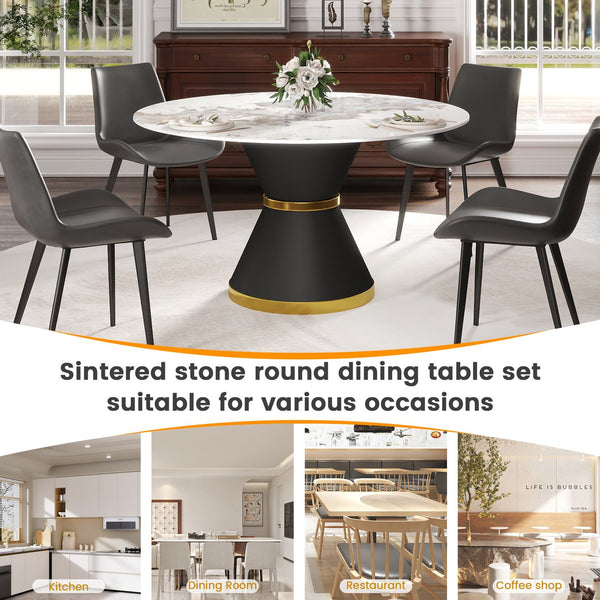 English Elm 53.15"Modern Round Dining Table With Sintered Stone Top - Seats 6, Stylish Black Steel Base, Durable Design W1535S00437