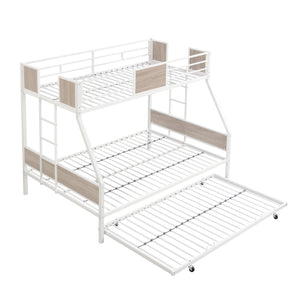 English Elm Twin Over Full Metal Bunk Bed with Trundle, Space-Saving Platform, Built-In Storage & Guardrail Brown+White 80.51 L x 13.98 W x 8.34 H W2297P216479