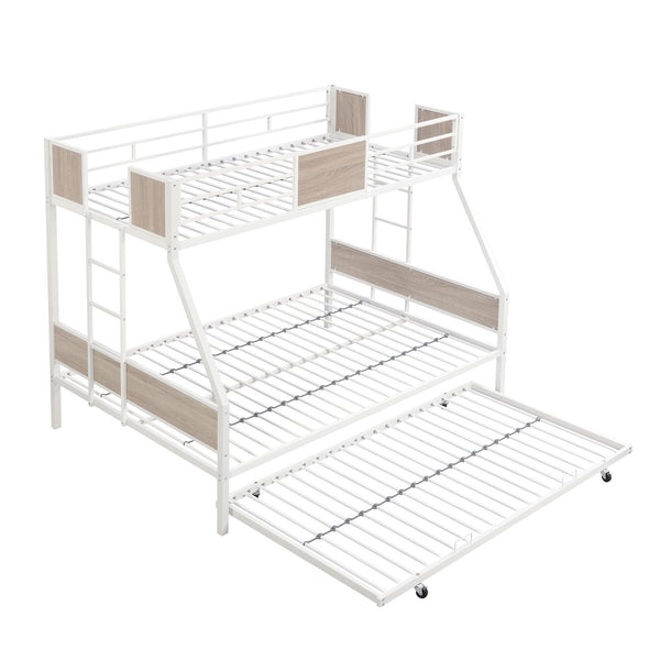 English Elm Twin Over Full Metal Bunk Bed with Trundle, Space-Saving Platform, Built-In Storage & Guardrail Brown+White 80.51 L x 13.98 W x 8.34 H W2297P216479