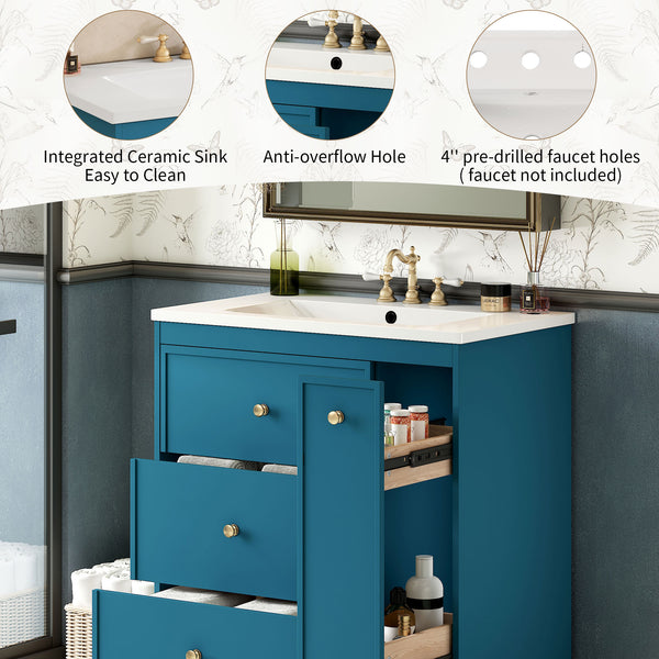 English Elm 30'' Modern Bathroom Vanity With Ceramic Sink, Durable Blue Finish & Ample Storage For Essentials N710P228374C