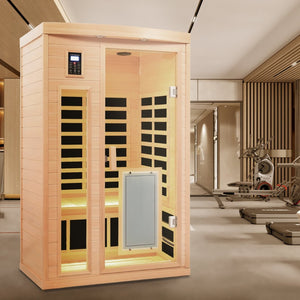 English Elm Low Emf Two Person Hemlock Far Infrared Sauna with Glass Door Heating Panels W632P501524