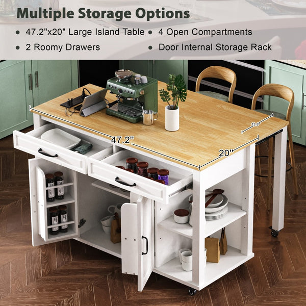 English Elm K&k Farmhouse Kitchen Island Extendable Table Rubber Wood Veneer Built-in Charging Storage White N707S215327W