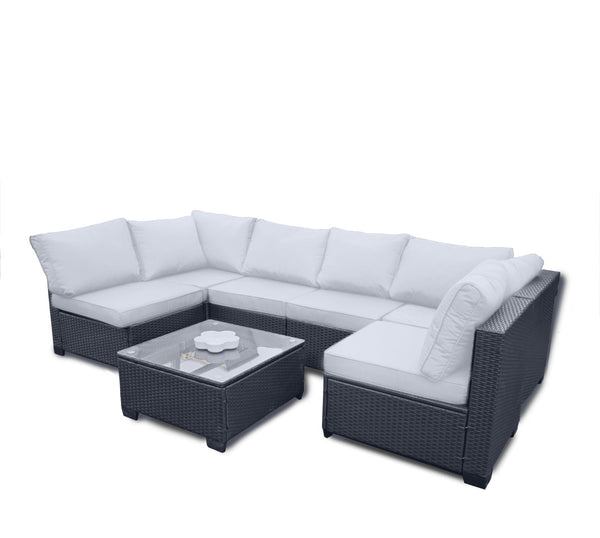 English Elm Seven-Piece Outdoor Rattan Sofa Set With Table & Beige Cushions - Stylish, Durable Patio Furniture W3152S00003-GIGA