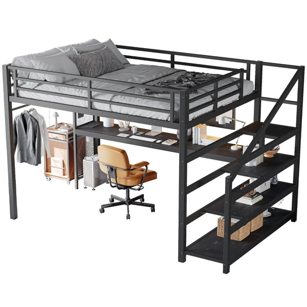 English Elm Twin Xl Metal Loft Bed with Stair Storage Shelves Sturdy Steel Frame for Dorms W1580S00434