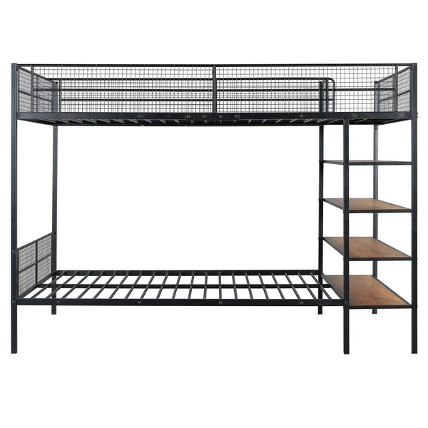 English Elm Twin Twin Over Full Metal Bunk Bed with 5-Tier Staircase Shelves, Space-Saving Storage & Wood Accents Black SF000175AAB
