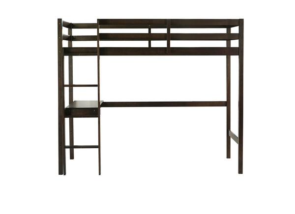 English Elm Twin High Loft Bed with Built-In Desk & Ladder, Espresso Rubberwood, Safety Guardrail, Space-Saving 90 W504P283513