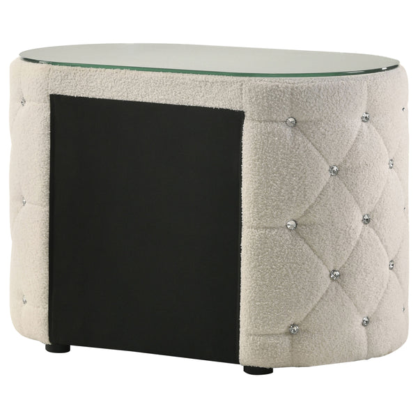 English Elm Santiago Ivory boucle oval nightstand with acrylic tufting, tempered glass top, 2-drawer compact storage B062P375537