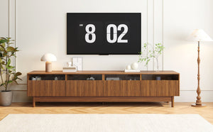 English Elm 78inch TV Stand Walnut for up to 85" TVs — Fluted Glass Drawers, Cable Management, Solid-Wood Legs PMID N710P362197P