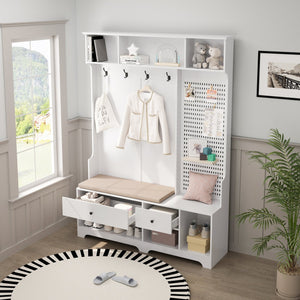English Elm Multi-purpose Hallway Hall Tree with Linen Cushion Bench, Pegboard, Hooks, Drawers & Shoe Storage White W757P196820