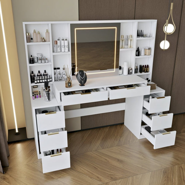 English Elm Makeup Vanity Table with Led Mirror Eight Drawers Open Shelves Bedroom Dressing W3393S00004