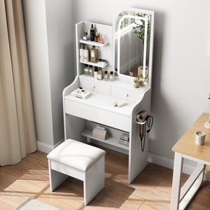 English Elm Fashion Vanity Desk With Lights & Mirror - Elegant Makeup Station With Chair, Hair Dryer Holder, 3 Drawers W509P173273