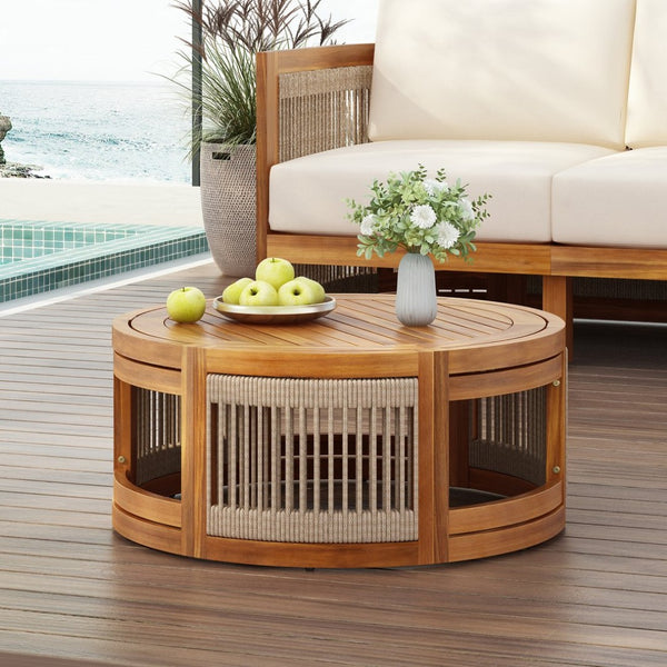 English Elm 27.95" Acacia Hardwood Outdoor Coffee Table with Handwoven Rope Base Boho Patio Accent N767P367657A