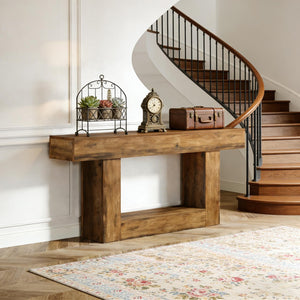 English Elm Practical Geometric Console Table with Matte Black Wood Grain Finish for Entryway or Sofa Rustic Brown T3971P454034
