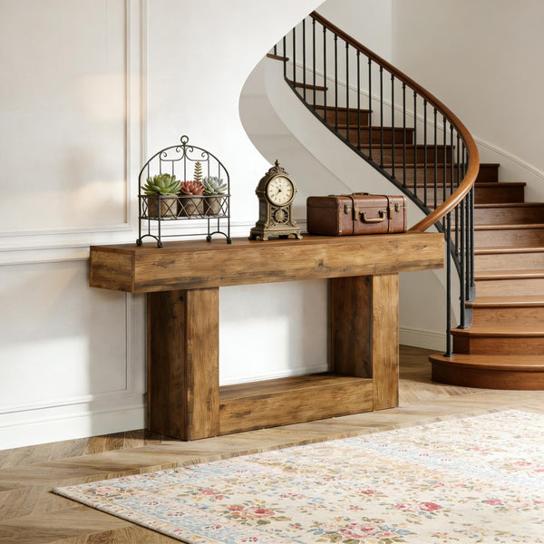 English Elm Practical Geometric Console Table with Matte Black Wood Grain Finish for Entryway or Sofa Rustic Brown T3971P454034