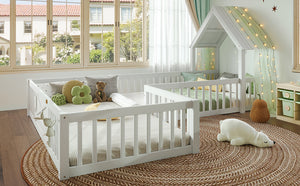 English Elm Twin House Floor Bed with Door & Full-Length Guardrails, Solid Wood Twin Loft Alternative for Kids White W1580P327128