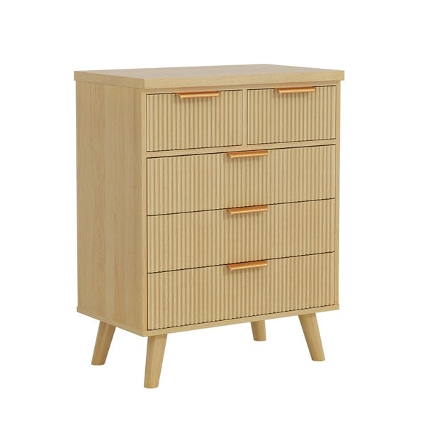 English Elm 5 Drawer Fluted Chest Natural Wood Finish Bohemian Storage for Nursery or Bedroom T3773P415633