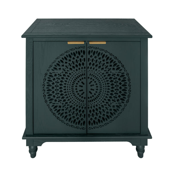 English Elm American Hollow-Carved 2 Door Accent Cabinet — Pine Feet, Gold Handles, Rustic Entryway Storage Buffet W688P145774