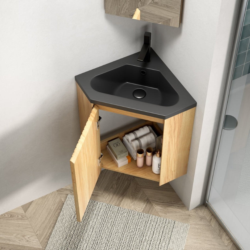 English Elm Zuri Corner Floating Bathroom Vanity Woodgrain Plywood Soft Close Matte Basin W2615P406358