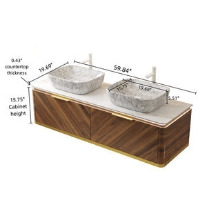 English Elm Dipa 60" Floating Bathroom Vanity With Marble Sintered Stone Top, Dual Ceramic Basins & Led Light W2615S00299
