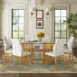 English Elm Table and Chair Set Oval Tempered Glass Top with Gold Base Glam Dining Room 7 Piece Transparent,White+Gold W1151S04728