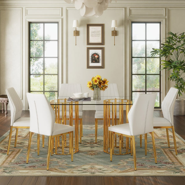 English Elm Table and Chair Set Oval Tempered Glass Top with Gold Base Glam Dining Room 7 Piece Transparent,White+Gold W1151S04728