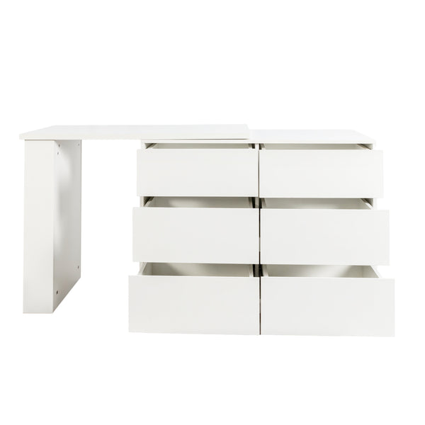 English Elm L-Shaped Adjustable Desk and Vanity Combo with 6 Drawers, Expandable Top, Triple Shelves for Office Makeup W331P286247
