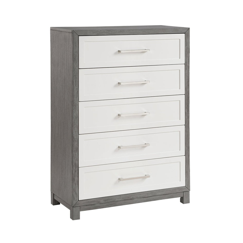 English Elm Five Drawer Chest Ivory Gray Okume Veneer Transitional Bedroom Storage Furniture B011P290771