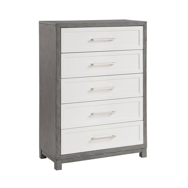 English Elm Five Drawer Chest Ivory Gray Okume Veneer Transitional Bedroom Storage Furniture B011P290771