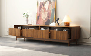 English Elm 78inch TV Stand Walnut for up to 85" TVs — Fluted Glass Drawers, Cable Management, Solid-Wood Legs PMID N710P362197P