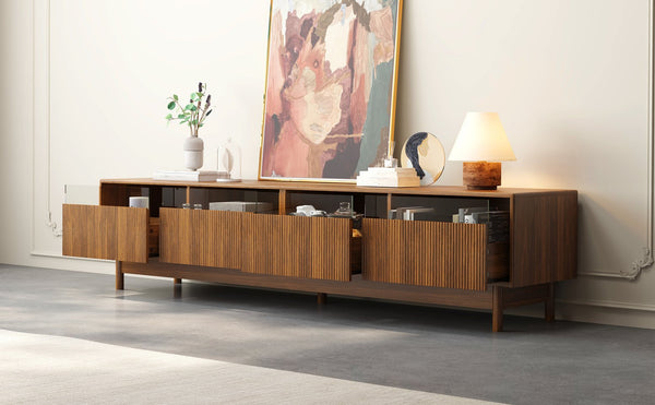 English Elm 78inch TV Stand Walnut for up to 85" TVs — Fluted Glass Drawers, Cable Management, Solid-Wood Legs PMID N710P362197P