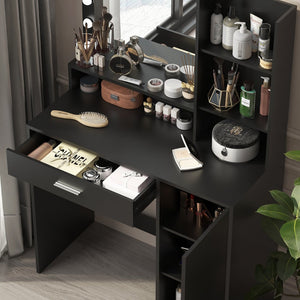 English Elm Vanity Desk With Mirror & 3 Adjustable Lighting Modes, Ample Storage & Elegant Black Finish For Bedrooms W2386P369684-GIGA